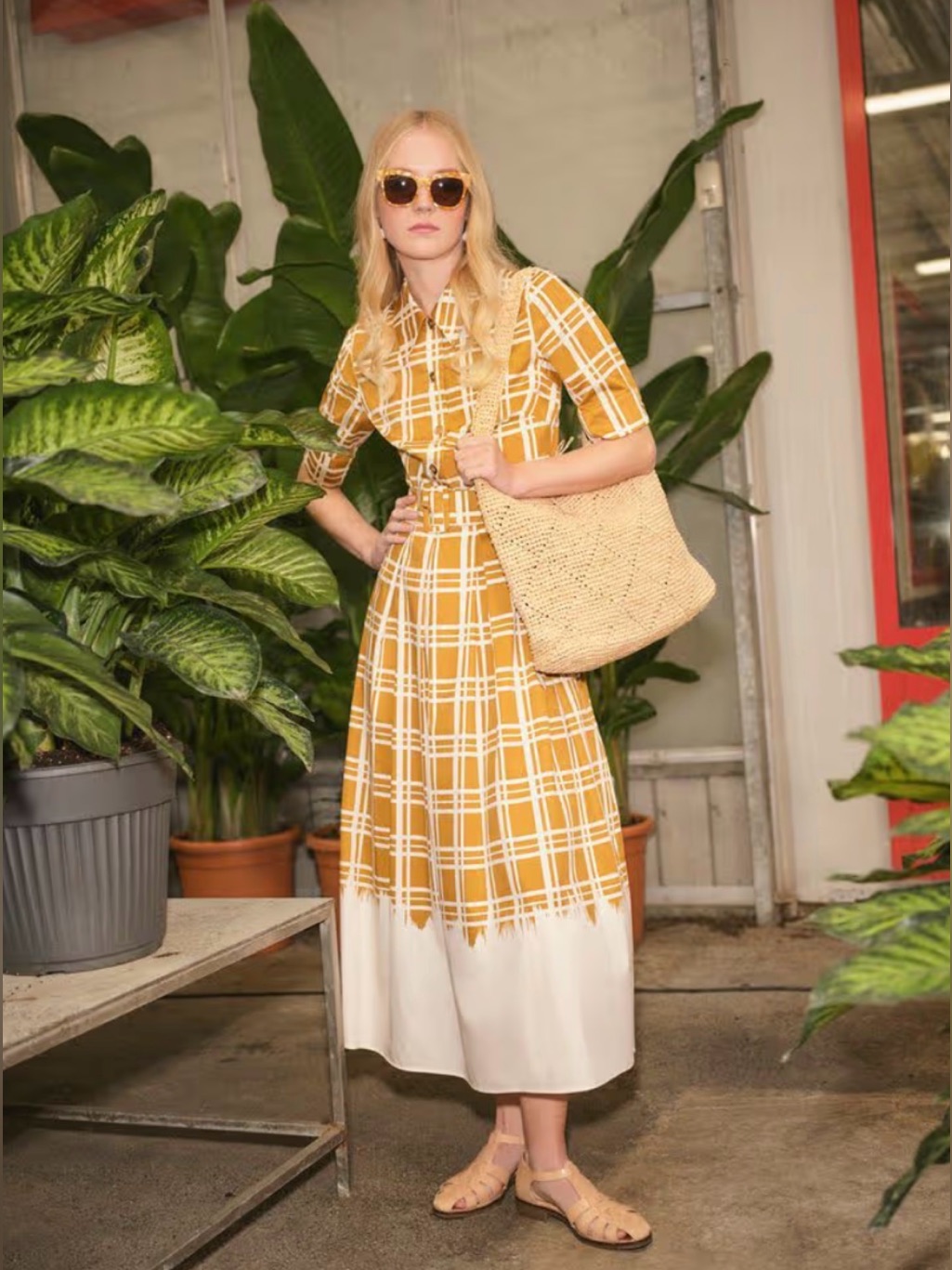 New With Tag Lk Bennett Mustard Plaid Midi Shirt Dress With White Hem